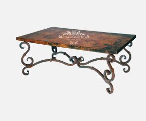 Mesa de centro con base de herrería cuadrada y cubierta de cobre quemado